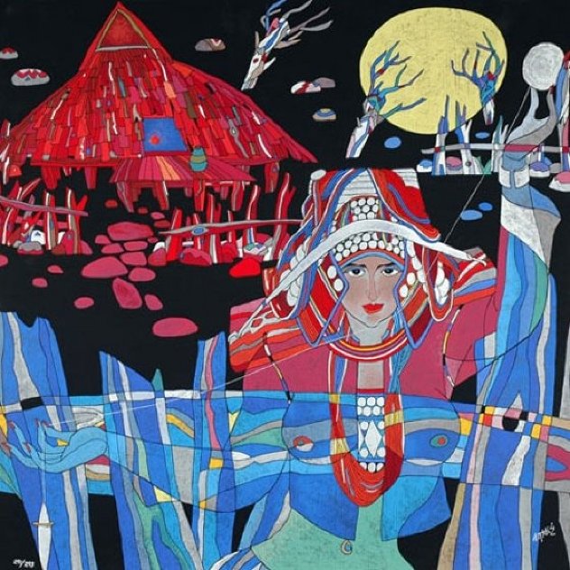 Lady With Thread And Mountain Spirit Suite of 2 Serigraphs 1989 Limited Edition Print by He Deguang