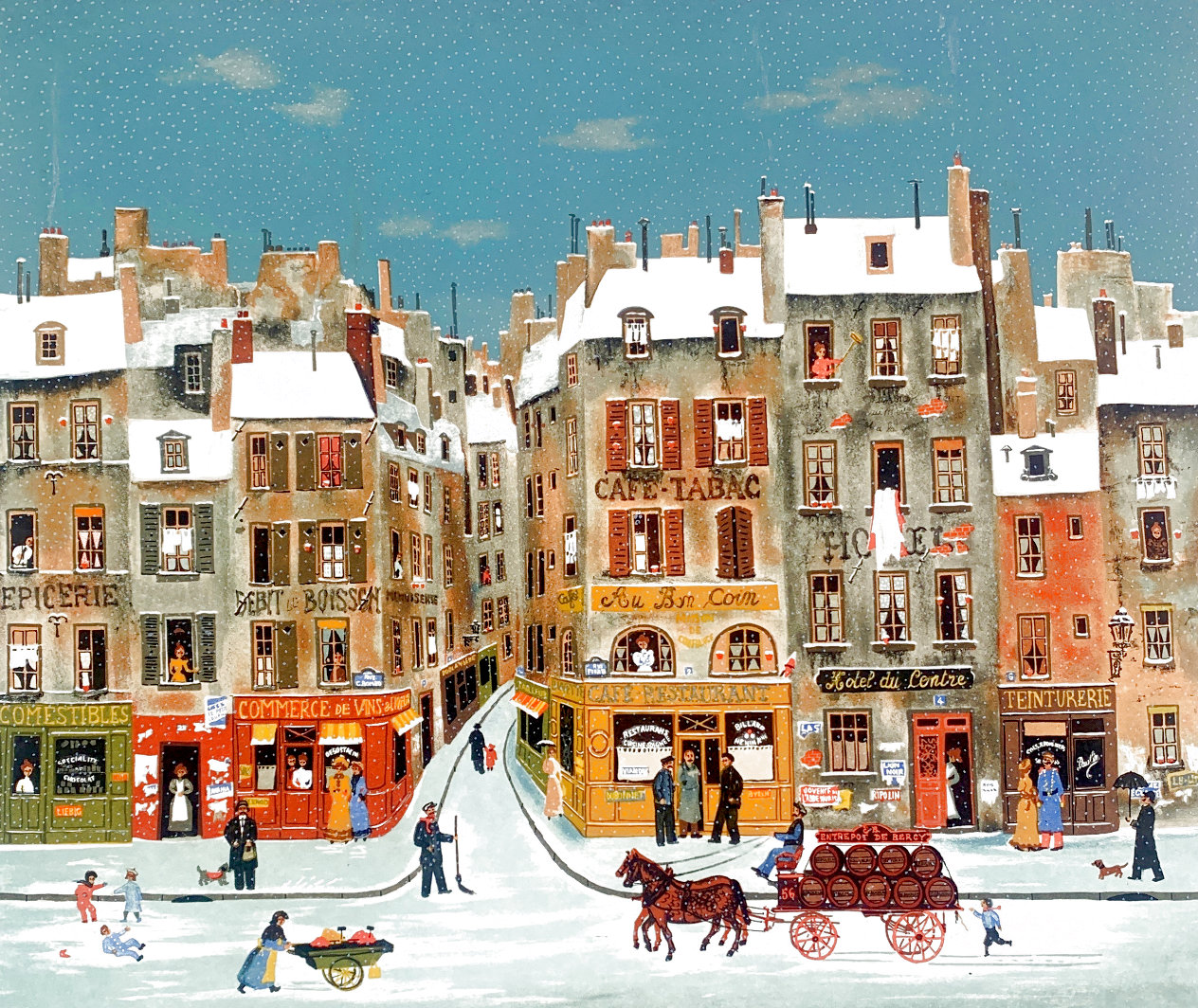 French Winter City Scene Limited Edition Lithograph by Michel Delacroix