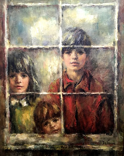 At the Window 1970 38x32 Original Painting - Lisette De Winne At the Window 1970 38x32 Original Painting - Lisette De Winne