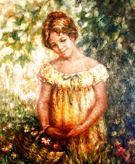 Girl With Flower Basket 36x45 Original Painting - Lisette De Winne