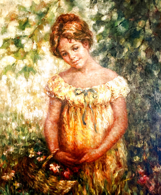 Girl With Flower Basket 36x45 Original Painting by Lisette De Winne