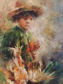 Untitled Boy with Roosters 43x32 - Huge Original Painting - Lisette De Winne Untitled Boy with Roosters 43x32 - Huge Original Painting - Lisette De Winne