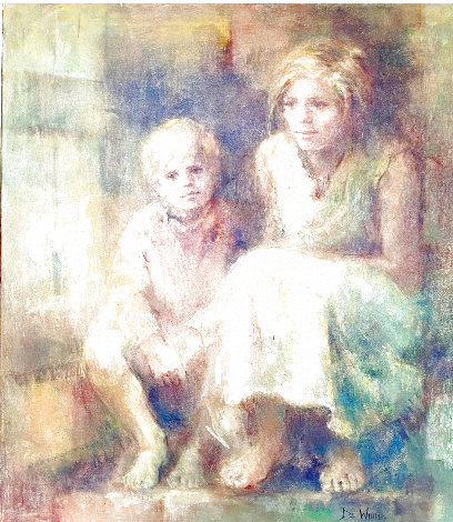 Two Children on Steps 40x46 - Huge Original Painting - Lisette De Winne