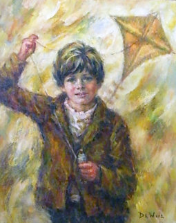 Boy with a Kite 1974 34x29 Original Painting - Lisette De Winne Boy with a Kite 1974 34x29 Original Painting - Lisette De Winne