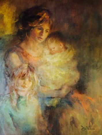 Untitled Woman and Children 1975 44x37 Huge Original Painting - Lisette De Winne
