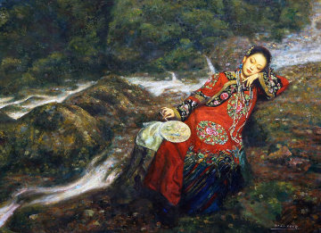 Girl With Fan 49x63 Huge Original Painting - Di Li Feng Girl With Fan 49x63 Huge Original Painting - Di Li Feng
