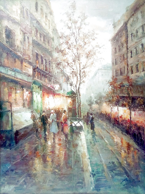 Untitled French Street Scene 1990 53x42 - Huge Painting - France Original Painting by Antonio Di Viccaro