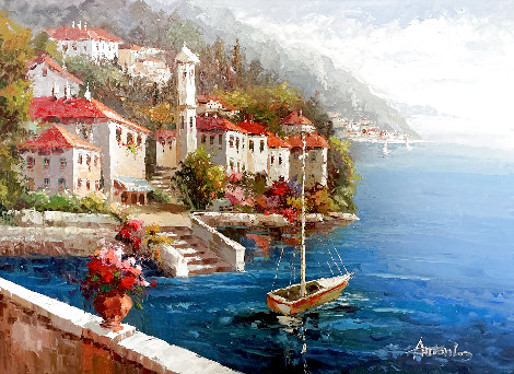 Untitled Mediterranean Seascape Painting 1970 55x43 - Huge Original Painting - Antonio Di Viccaro