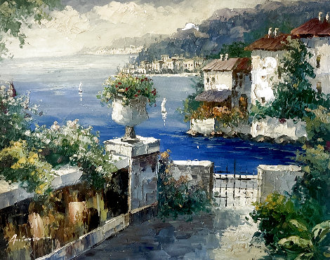 Untitled Mediterranean Seascape - EARKY - 1970 26x30 Original Painting - Antonio Di Viccaro