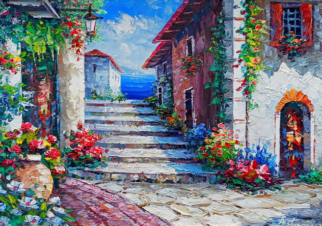 Untitled Mediterranean Courtyard 21x17 -  Framed Oil on Canvas by Antonio Di Viccaro