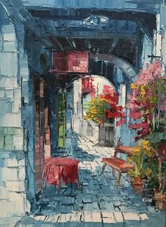 Capri - Vicolo in Attorro 1971 65x85 Super Huge Original Painting - Antonio Di Viccaro Capri - Vicolo in Attorro 1971 65x85 Super Huge Original Painting - Antonio Di Viccaro