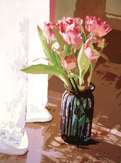 Tulips in Blue Glass 24x18 Original Painting - David Lloyd Glover Tulips in Blue Glass 24x18 Original Painting - David Lloyd Glover
