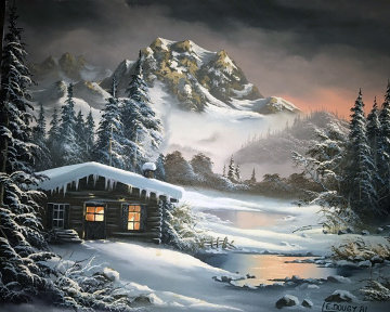 Mountain Cabin Dusk 1981 20x16 Original Painting - Lionel Dougy Mountain Cabin Dusk 1981 20x16 Original Painting - Lionel Dougy
