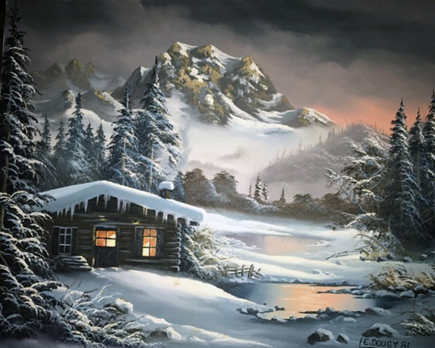 Mountain Cabin Dusk  1981 20x16 Original Painting - Lionel Dougy