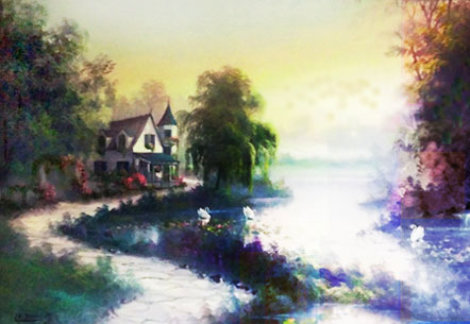 Untitled Pond Landscape 30x40 Original Painting - Lionel Dougy