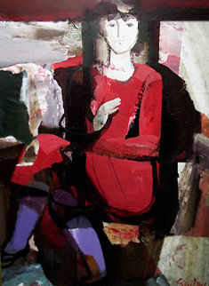 Marta with Purple Stockings 1978 51x49 Huge Original Painting - Dzemma  Skulme
