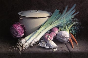 Making Leek Soup 2005 36x26 Original Painting - Oscar Durand Making Leek Soup 2005 36x26 Original Painting - Oscar Durand