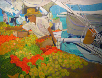 Fruit Vendor, Brazil 1997 38x48 Huge Original Painting - Russ Elliott