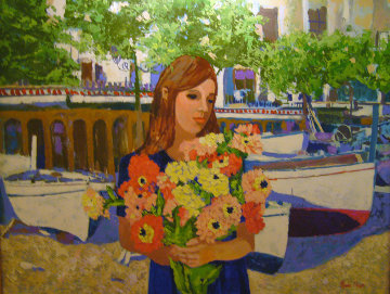 Girl With Flowers 1998 36x48  Huge  Original Painting - Russ Elliott