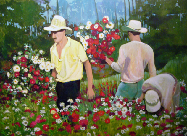 Flower Vendors 1987 30x40 - Huge Original Painting by Russ Elliott