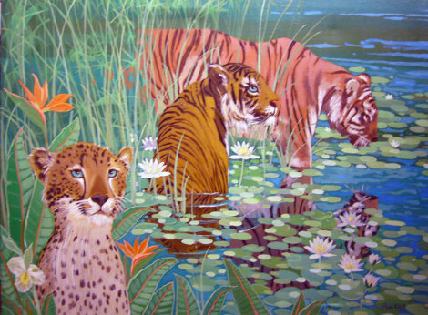 Wading Tigers 1982 30x40 - Huge Original Painting - Russ Elliott