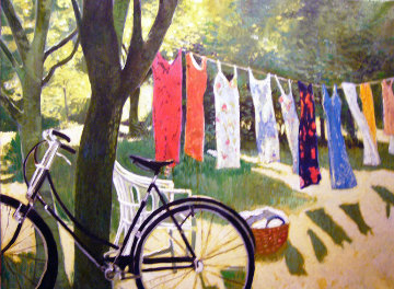 Backyard Dryer 1992 30x40 Original Painting - Russ Elliott Backyard Dryer 1992 30x40 Original Painting - Russ Elliott