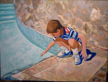 Young Boy At Pool 1995 24x30 Original Painting - Russ Elliott