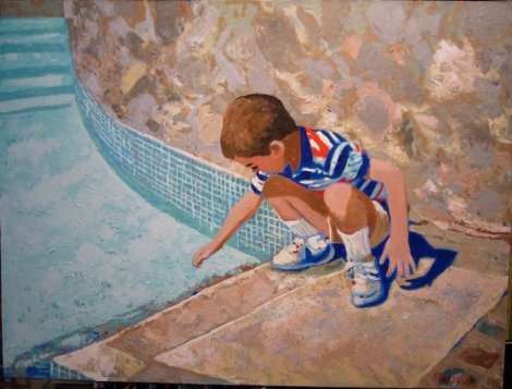 Young Boy At Pool 1995 24x30 Original Painting - Russ Elliott