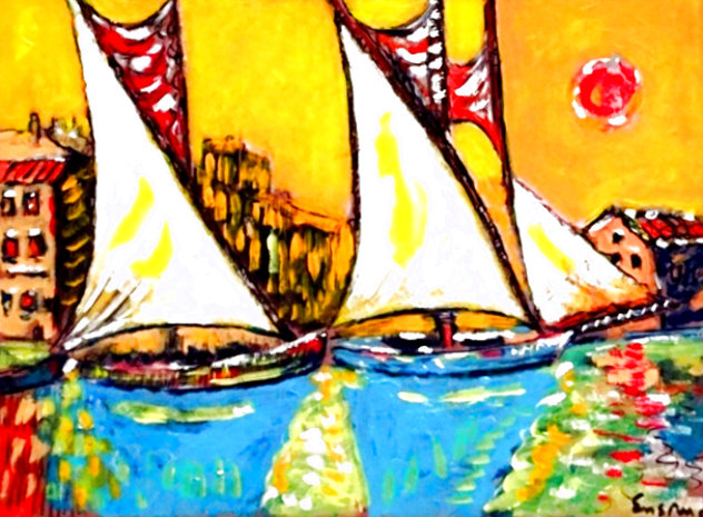 Sailboats at St. Tropez, France Watercolor 2014 21x26 Original Painting by Wayne Ensrud