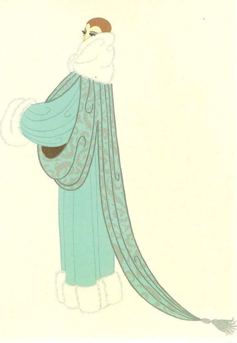 Elegant Lady Wearing Duck Egg Blue Evening Coat AP 1975 Limited Edition Print by Erte Elegant Lady Wearing Duck Egg Blue Evening Coat AP 1975 Limited Edition Print by Erte