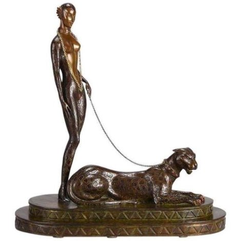 La Femme a La Panthere (Letter L) Bronze Sculpture 1981 16 in Sculpture -  Erte