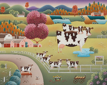Cow Family 1991 26x34 Original Painting - Gisela Fabian Cow Family 1991 26x34 Original Painting - Gisela Fabian