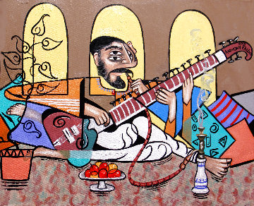 Man Playing Sitar 2013 24x30 Original Painting - Anthony Falbo Man Playing Sitar 2013 24x30 Original Painting - Anthony Falbo