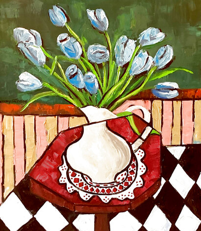 Blue Tulips on Octagon Table 2005 - 28x40 - Huge Original Painting - Anthony Falbo