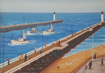 Untitled Harbor With Seascape 20x28 Original Painting - Fanch Ledan Untitled Harbor With Seascape 20x28 Original Painting - Fanch Ledan