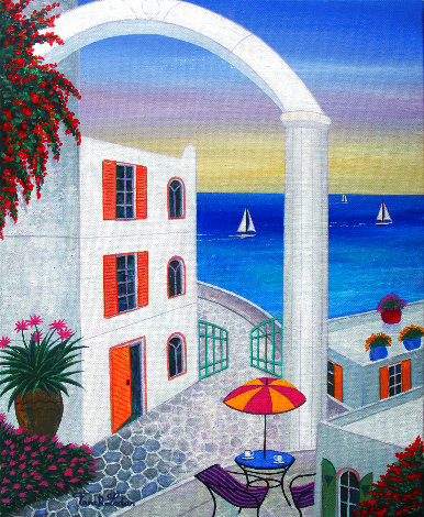 Terrace on Aegean 2020 13x16 - Greece Original Painting - Fanch Ledan