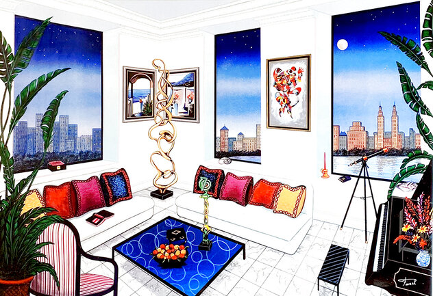 New York Moonscape HC 2004 Framed Embellished Giclee on Canvas  - Huge by Fanch Ledan