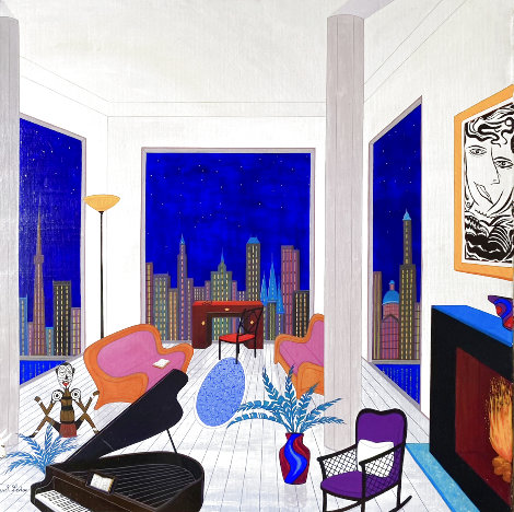 Penthouse La Nuit 2015 28x28 - New York - NYC Original Painting - Fanch Ledan
