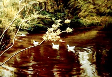 Duck Family Swim 1995 12x16 Original Painting - Jack Faragasso