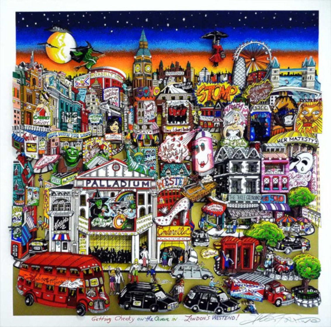 Getting Cheekie on the Queue in London's West End 2014 3-D Limited Edition Print by Charles Fazzino Getting Cheekie on the Queue in London's West End 2014 3-D Limited Edition Print by Charles Fazzino