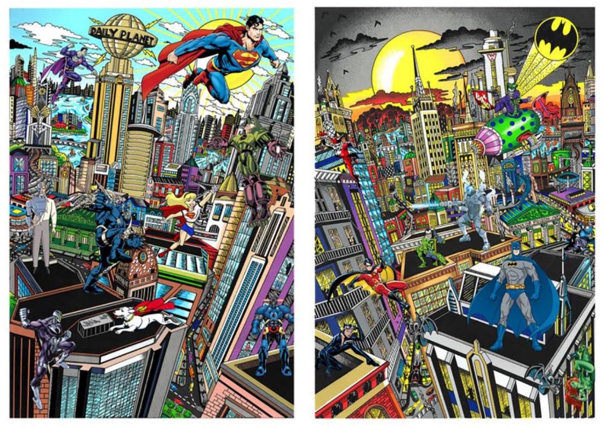 Superhero Suite Superman Saves the Day & Batman Rules the Night Set 2016 3-D Limited Edition Print by Charles Fazzino Superhero Suite Superman Saves the Day & Batman Rules the Night Set 2016 3-D Limited Edition Print by Charles Fazzino