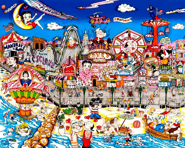 Betty's Booping, Popeye's Swooning on Coney Island Beach 3-D 1995 NYC Limited Edition Print by Charles Fazzino