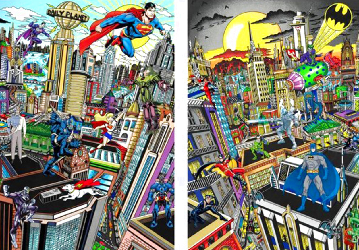Batman Rules the Night, and Superman Saves the Day, Set of 2 Prints 2016 3-D w Crystals Limited Edition Print by Charles Fazzino