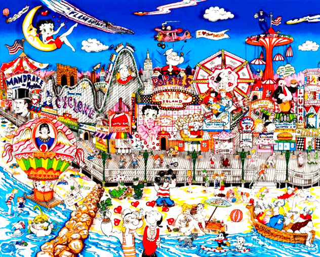 Betty's Booping, Popeye's Swooning on Coney Island Beach 3-D 1995 - Huge - NYC - New Yor Limited Edition Print by Charles Fazzino