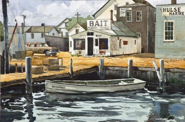 Rowboat at the Dock Watercolor 1980 30x40 Huge Watercolor by James Feriola