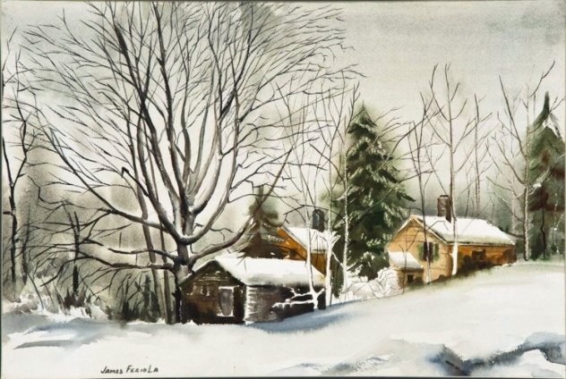 Farm in Winter Snow Watercolor 1980 26x32 Watercolor by James Feriola