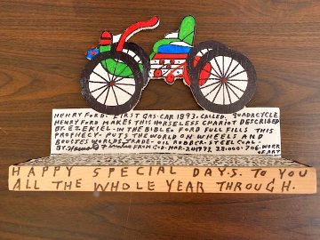 Motorcycle  1993=10x7 Signed Twice Original Painting - Howard Finster
