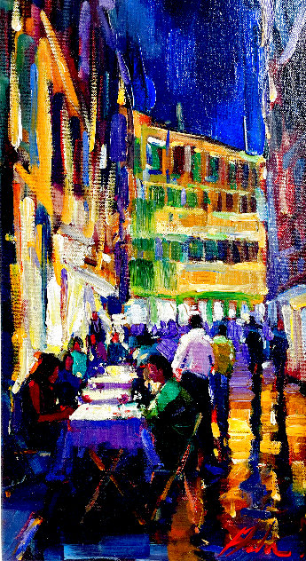Piazza Navora at Night 2008 31x21 - Rome, Italy Original Painting by Michael Flohr