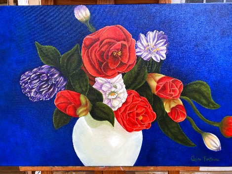 Floralie - Mixed Flowers Bouquet in Blue 2019 24x36 Original Painting - Claire Fontaine
