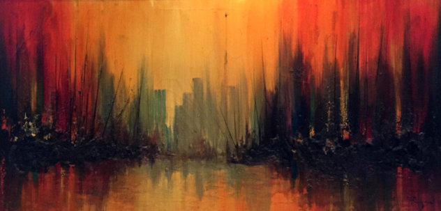 Manhattan Skyline With Burning Ships 1969 36x60 Huge - New York, NYC Original Painting by Ozz Franca